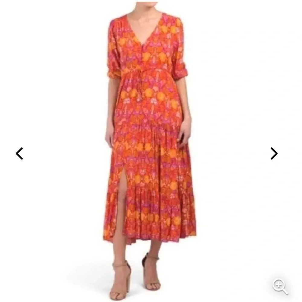 Anthropologie Abel The Label Floral Peasant Dress Boho Midi Size XS Pink Orange